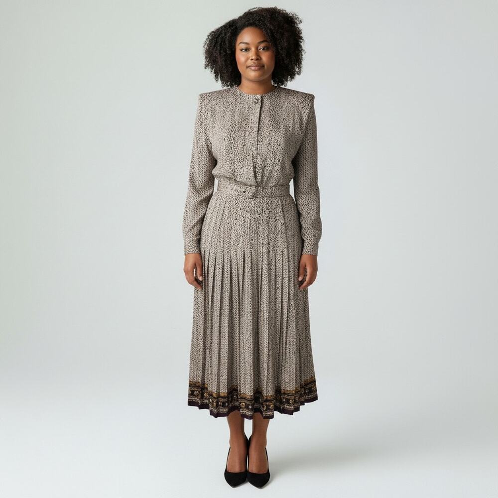Vintage Leslie Fay Womens 14 Spotted Print Belted Button Long Sleeve Midi Dress